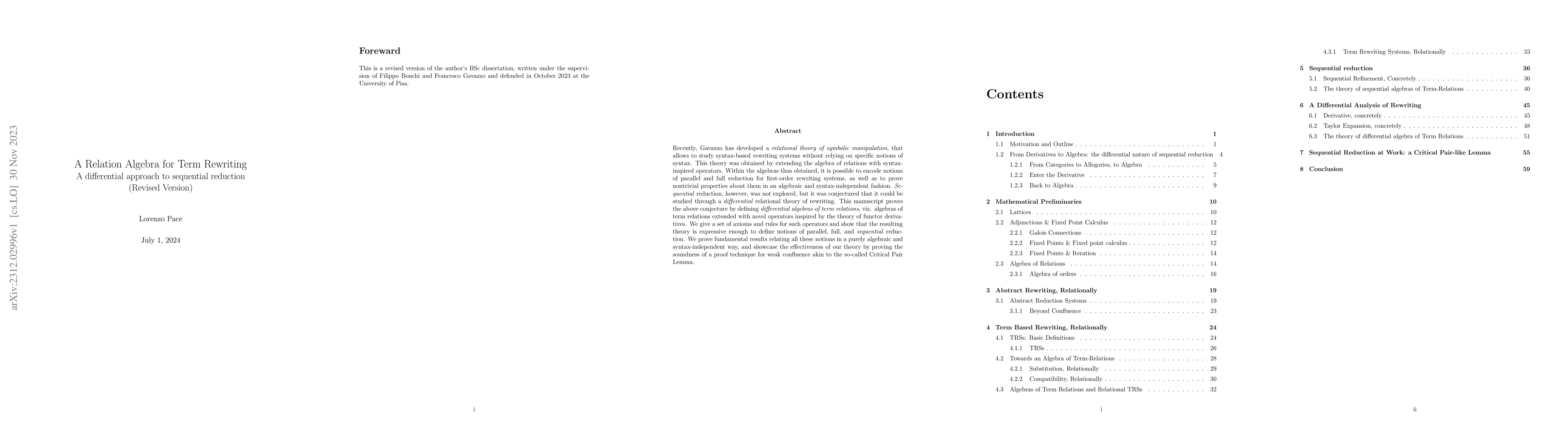 Thumbnail for A Relation Algebra for Term Rewriting: A differential approach to
  sequential reduction (Revised Version)