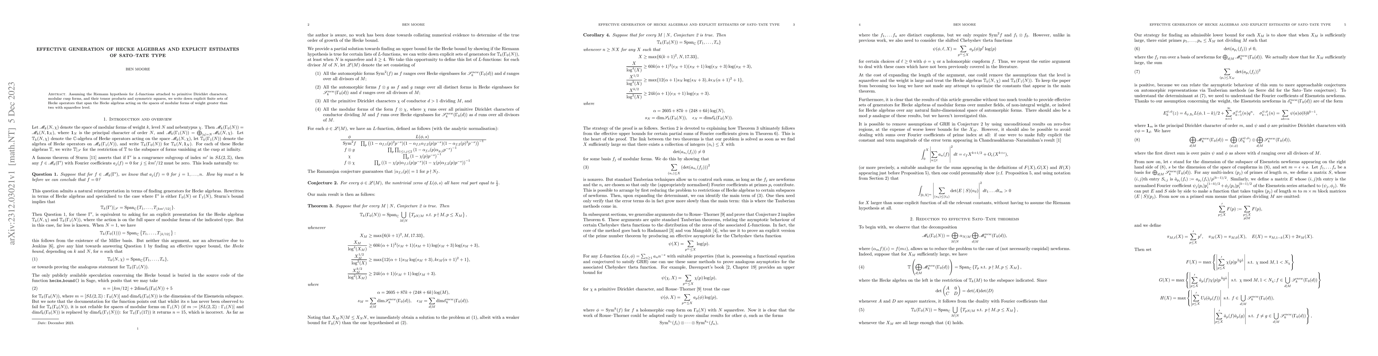 Thumbnail for Effective generation of Hecke algebras and explicit estimates of
  Sato--Tate type