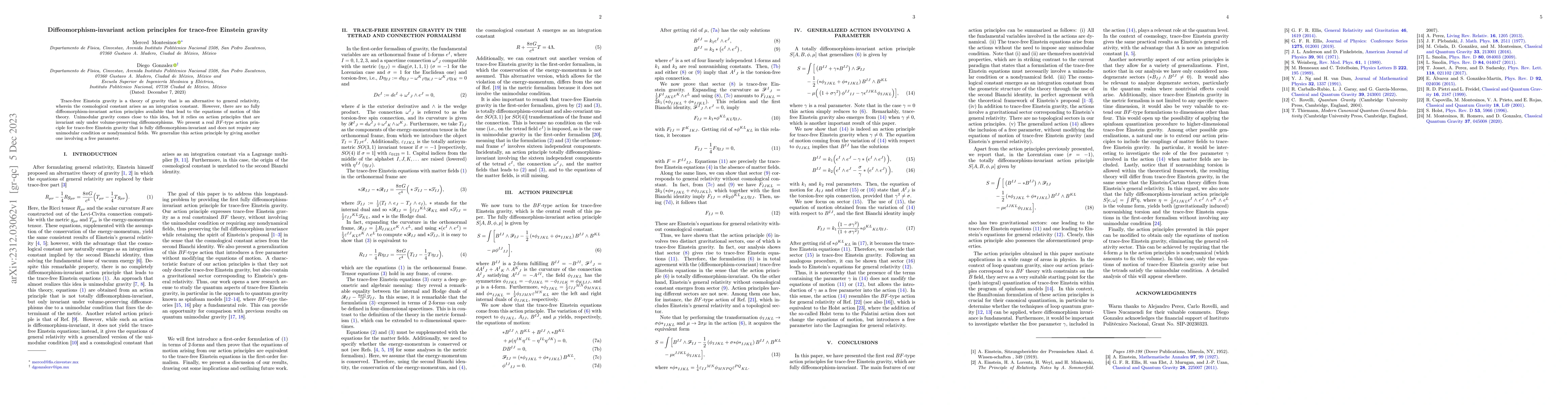 Thumbnail for Diffeomorphism-invariant action principles for trace-free Einstein
  gravity