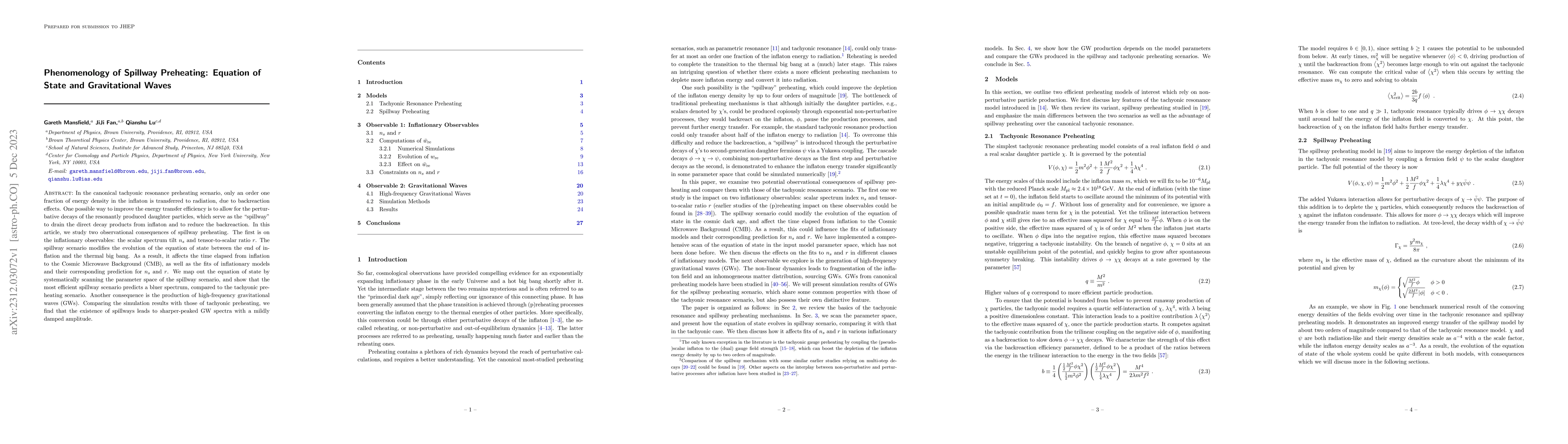 Thumbnail for Phenomenology of Spillway Preheating: Equation of State and
  Gravitational Waves