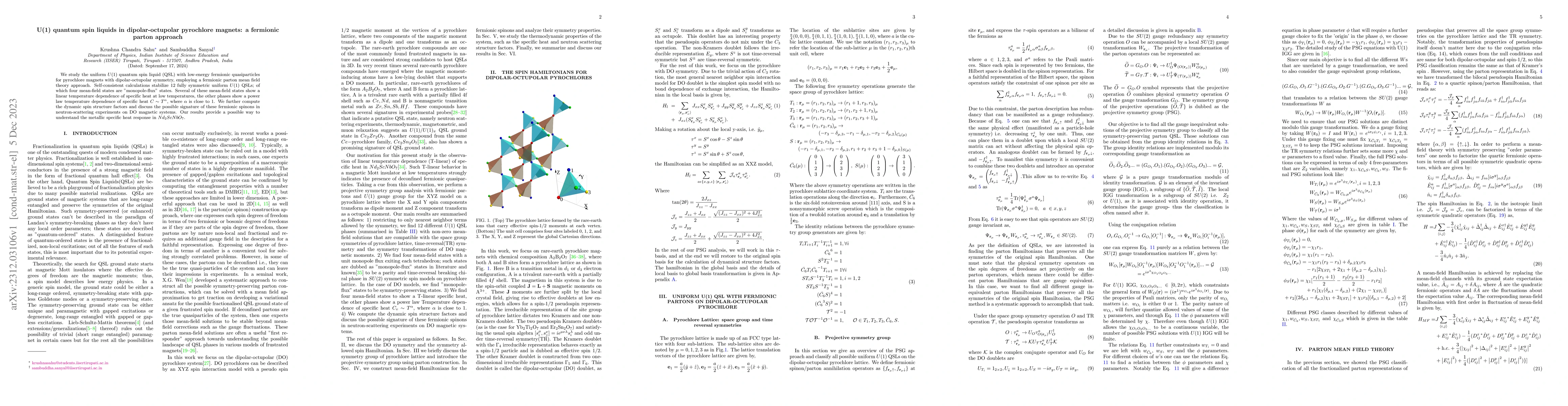 Thumbnail for U(1) quantum spin liquids in dipolar-octupolar pyrochlore magnets: a
  fermionic parton approach