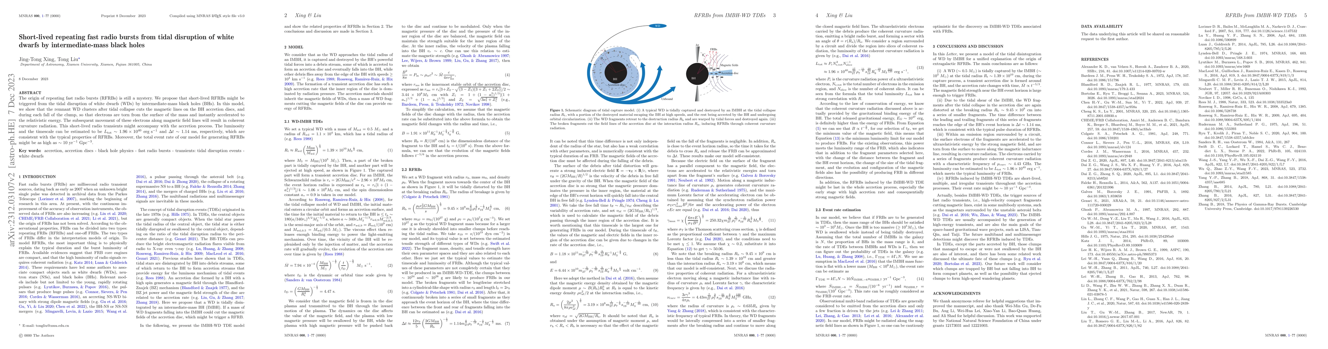 Thumbnail for Short-lived repeating fast radio bursts from tidal disruption of white
  dwarfs by intermediate-mass black holes