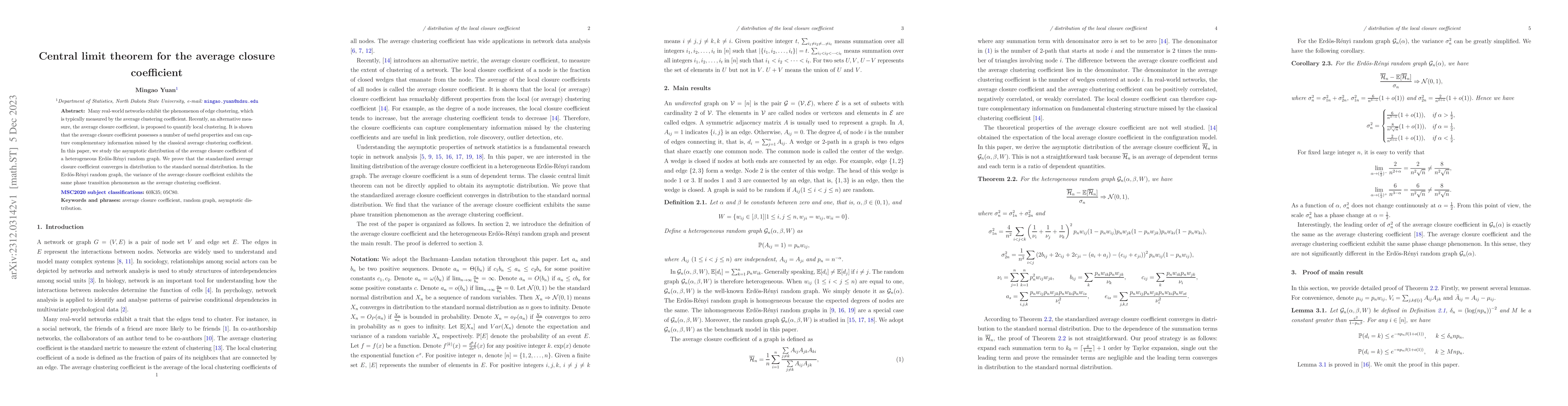 Thumbnail for Central limit theorem for the average closure coefficient