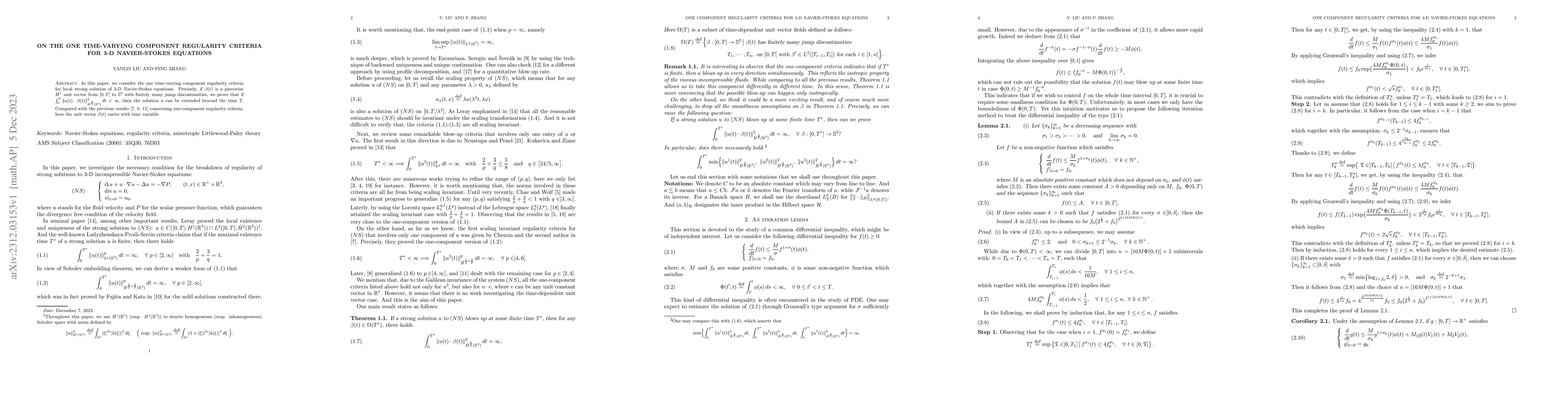 Thumbnail for On the one time-varying component regularity criteria for 3-D
  Navier-Stokes equations