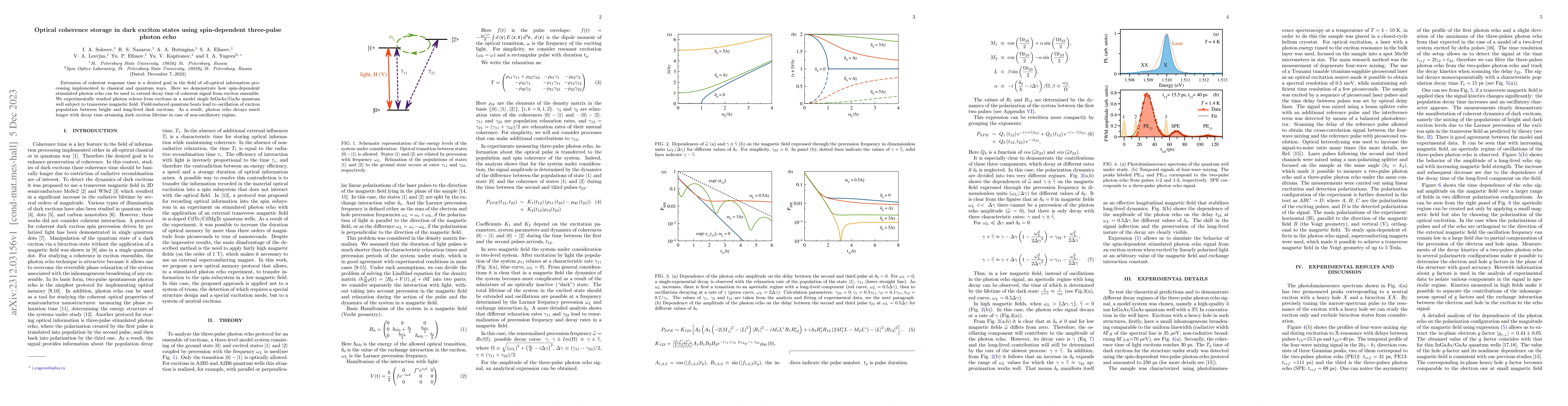 Thumbnail for Optical coherence storage in dark exciton states using spin-dependent
  three-pulse photon echo
