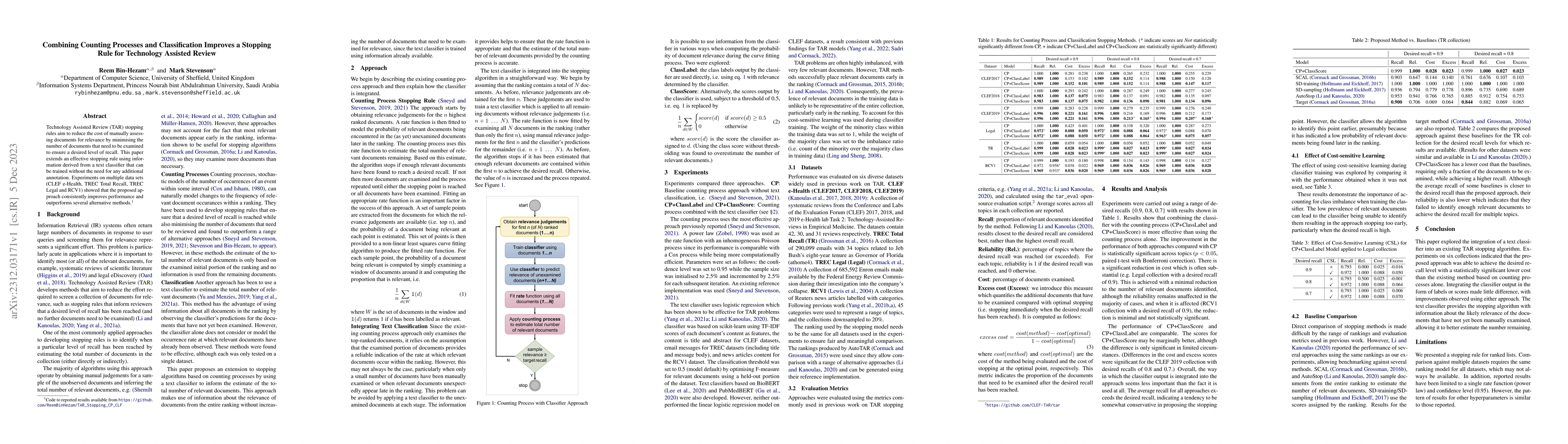 Thumbnail for Combining Counting Processes and Classification Improves a Stopping Rule
  for Technology Assisted Review