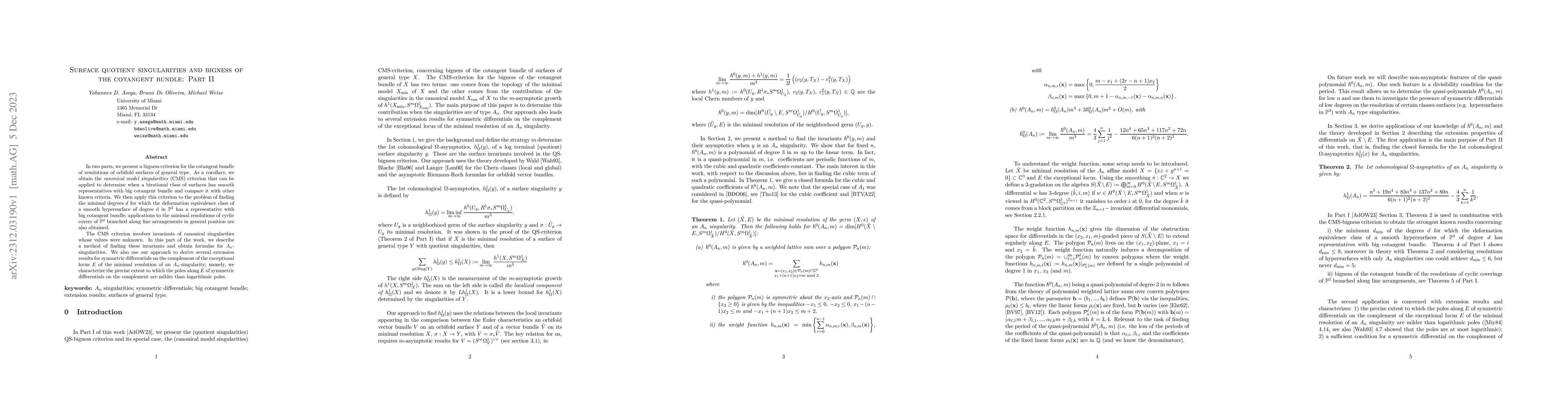 Thumbnail for Surface quotient singularities and bigness of the cotangent bundle: Part
  II