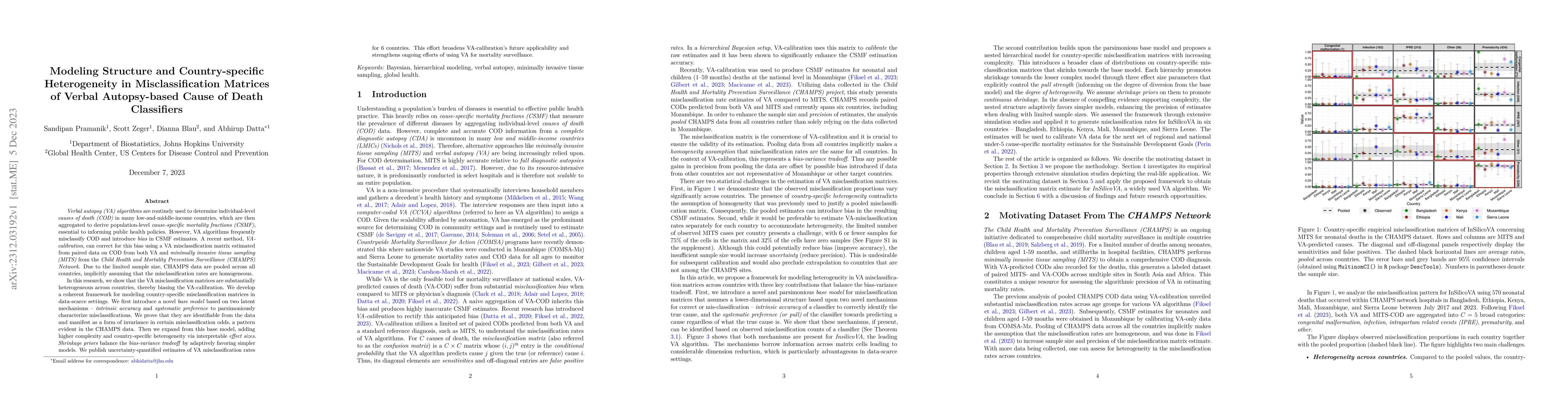 Thumbnail for Modeling Structure and Country-specific Heterogeneity in
  Misclassification Matrices of Verbal Autopsy-based Cause of Death Classifiers