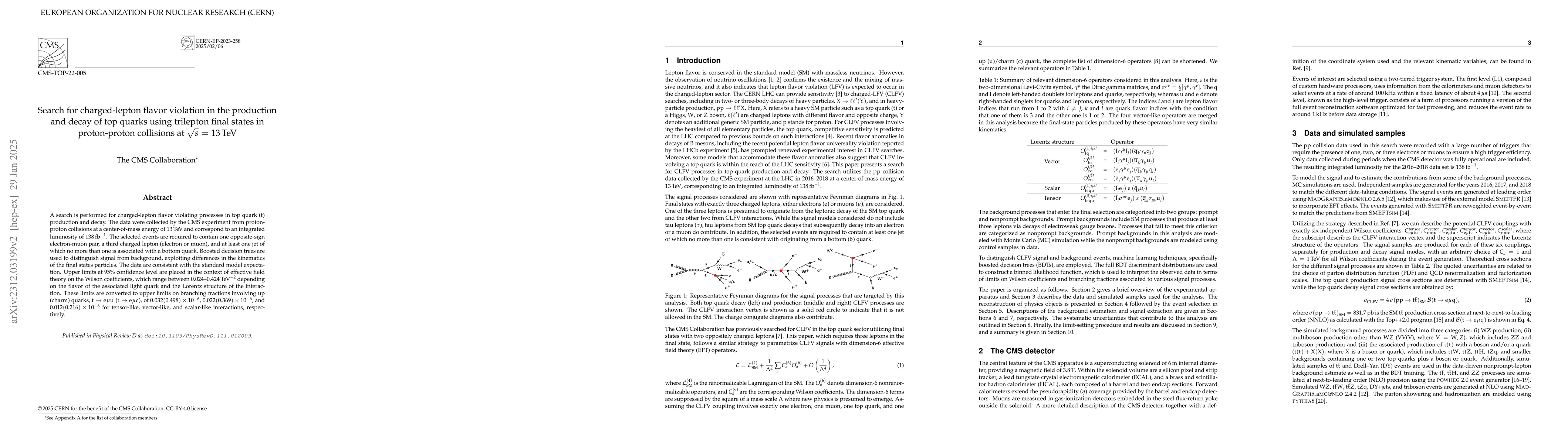 Thumbnail for Search for charged-lepton flavor violation in the production and decay
  of top quarks using trilepton final states in proton-proton collisions at
  $\sqrt{s}$ = 13 TeV
