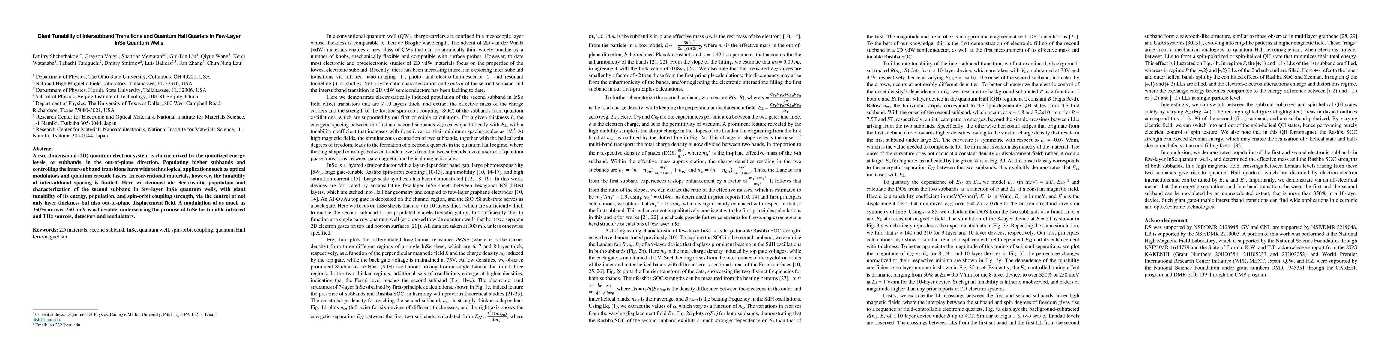 Thumbnail for Giant Tunability of Intersubband Transitions and Quantum Hall Quartets
  in Few-Layer InSe Quantum Wells
