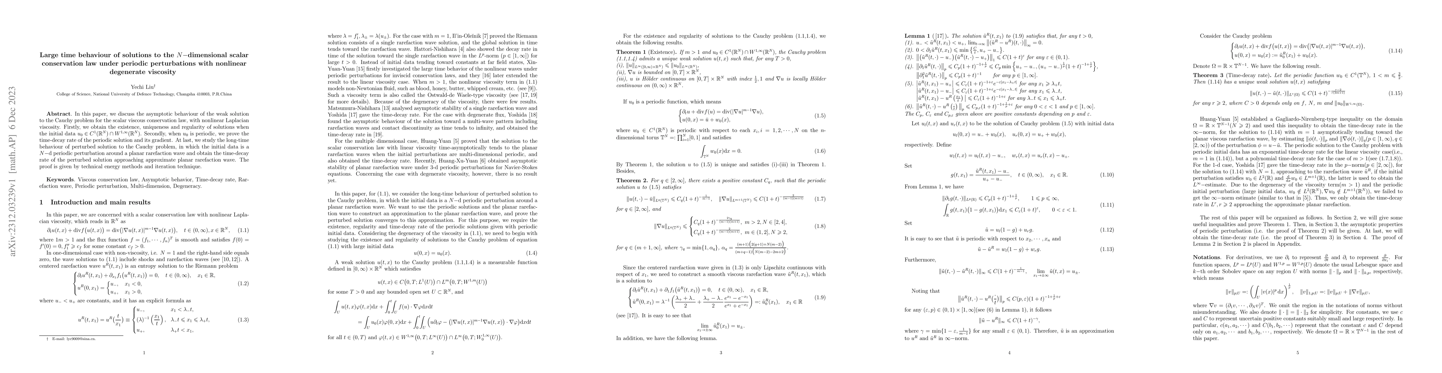 Thumbnail for Large time behaviour of solutions to the $N-$dimensional scalar
  conservation law under periodic perturbations with nonlinear degenerate
  viscosity