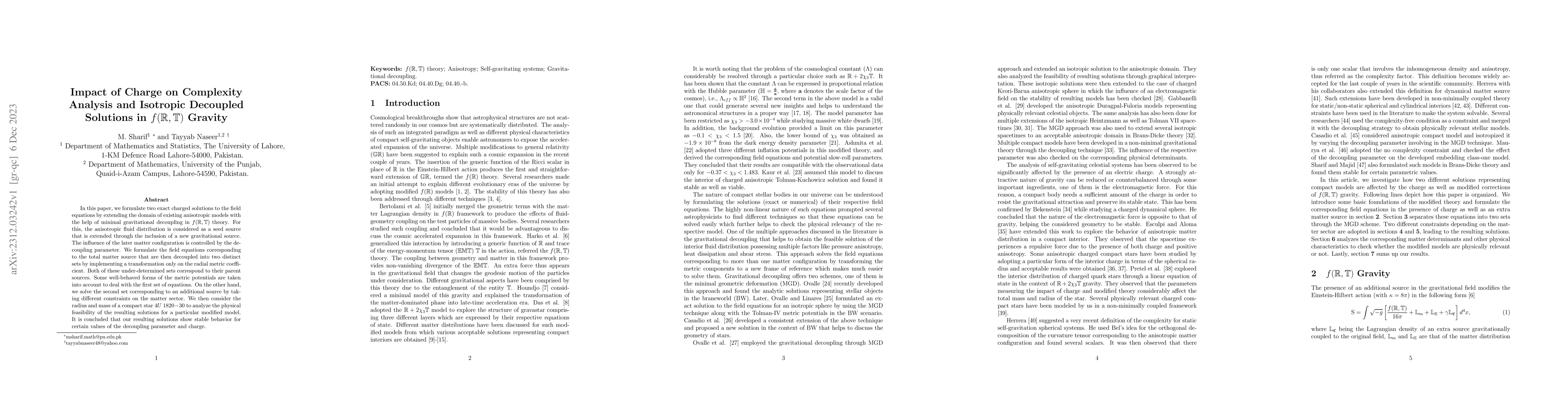 Thumbnail for Impact of Charge on Complexity Analysis and Isotropic Decoupled
  Solutions in $f(\mathbb{R},\mathbb{T})$ Gravity