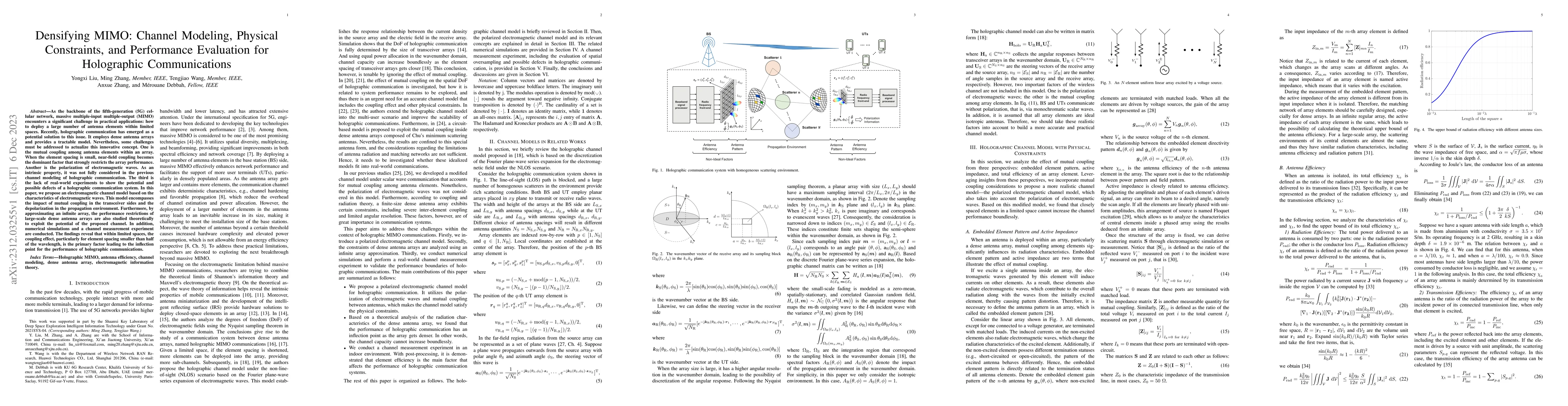 Thumbnail for Densifying MIMO: Channel Modeling, Physical Constraints, and Performance
  Evaluation for Holographic Communications