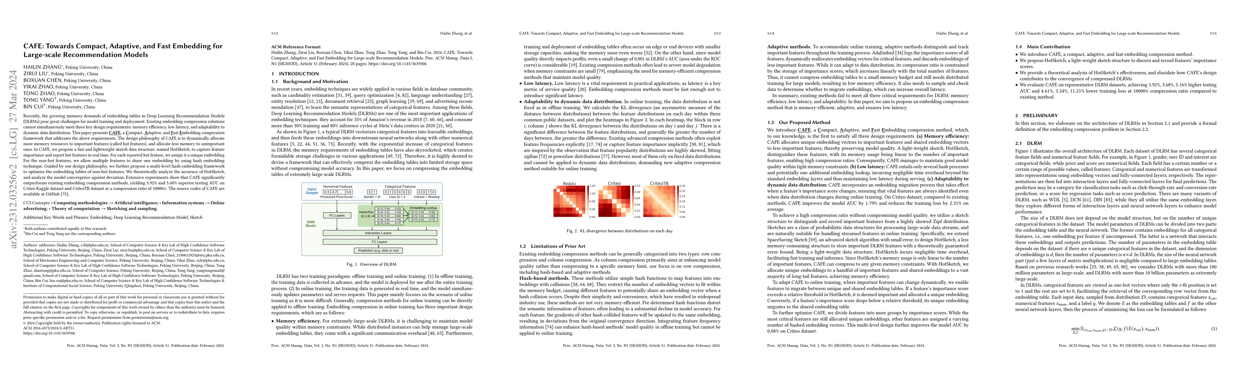 Thumbnail for CAFE: Towards Compact, Adaptive, and Fast Embedding for Large-scale
  Recommendation Models