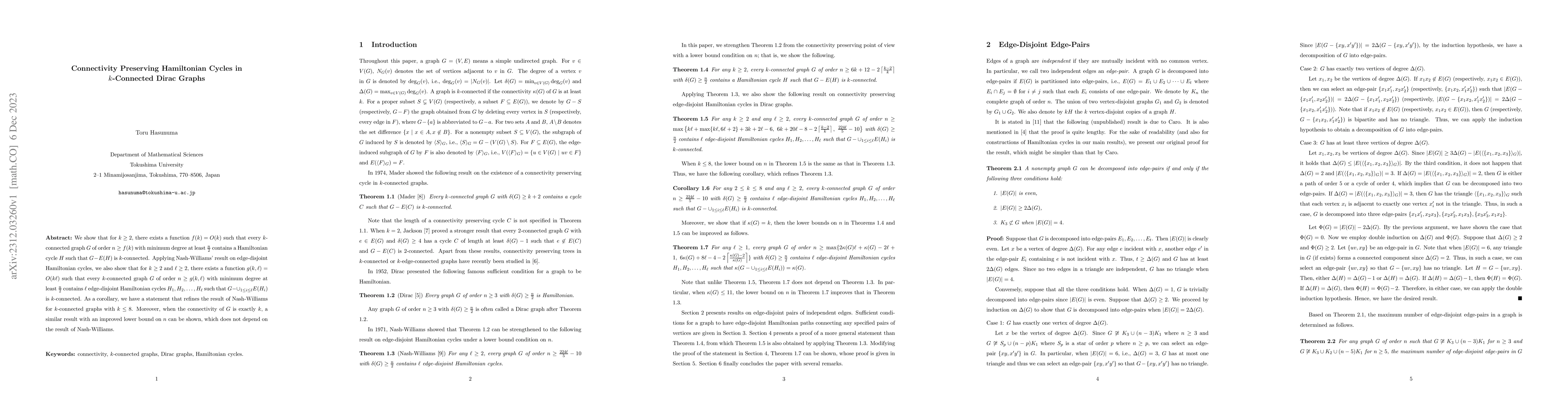 Thumbnail for Connectivity Preserving Hamiltonian Cycles in $k$-Connected Dirac Graphs