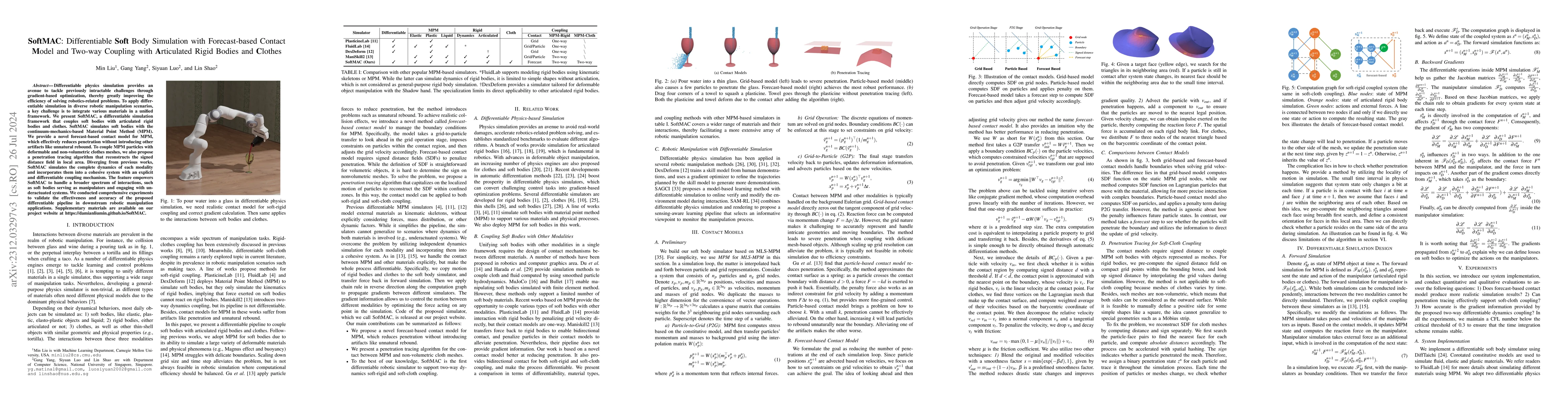 Thumbnail for SoftMAC: Differentiable Soft Body Simulation with Forecast-based Contact
  Model and Two-way Coupling with Articulated Rigid Bodies and Clothes
