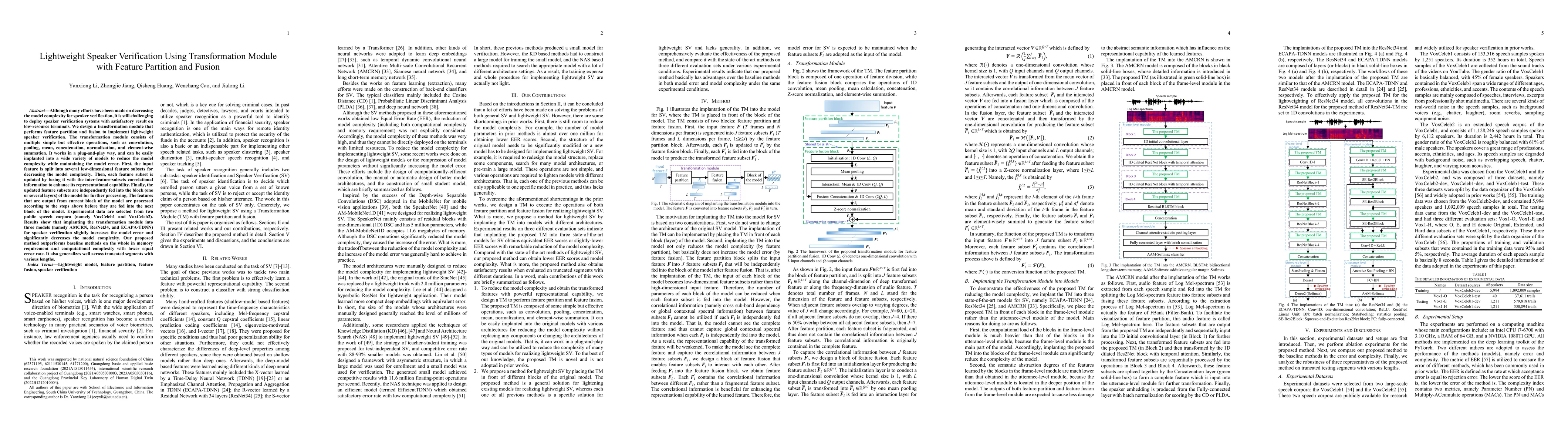 Thumbnail for Lightweight Speaker Verification Using Transformation Module with
  Feature Partition and Fusion