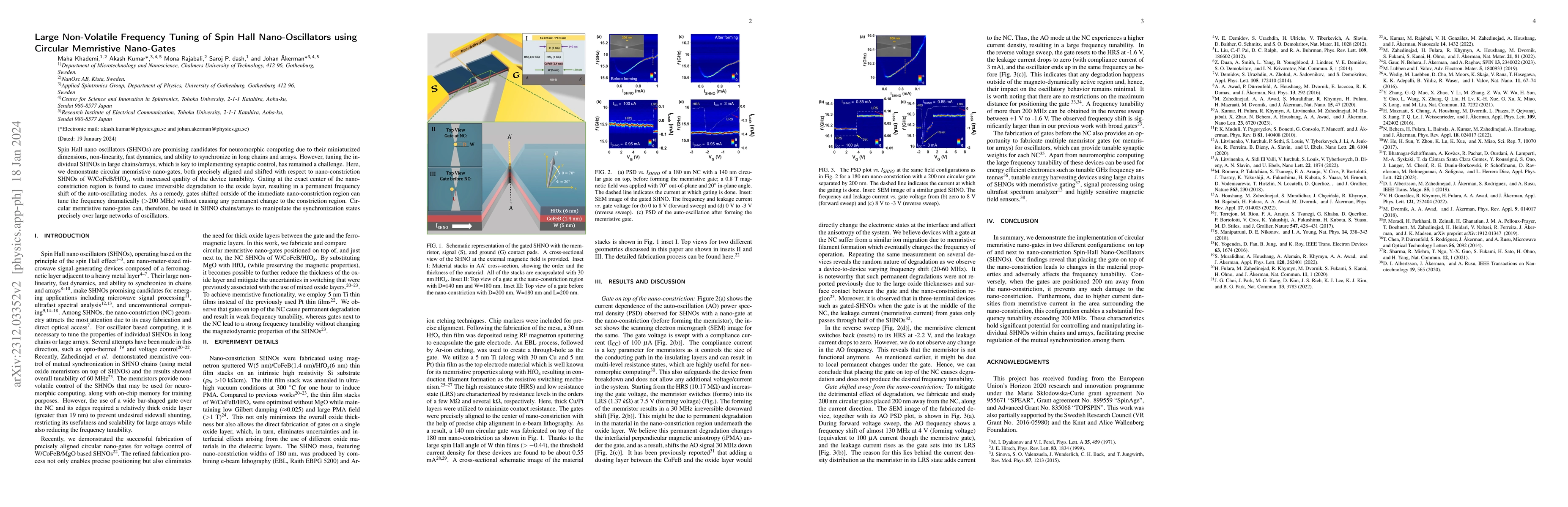 Thumbnail for Large Non-Volatile Frequency Tuning of Spin Hall Nano-Oscillators using
  Circular Memristive Nano-Gates