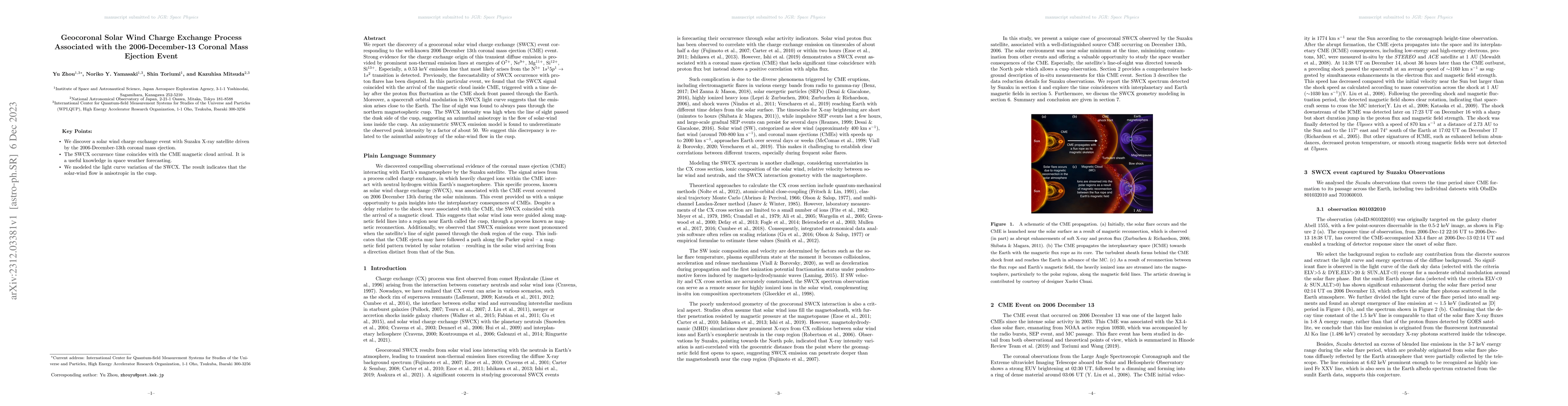 Thumbnail for Geocoronal Solar Wind Charge Exchange Process Associated with the
  2006-December-13 Coronal Mass Ejection Event