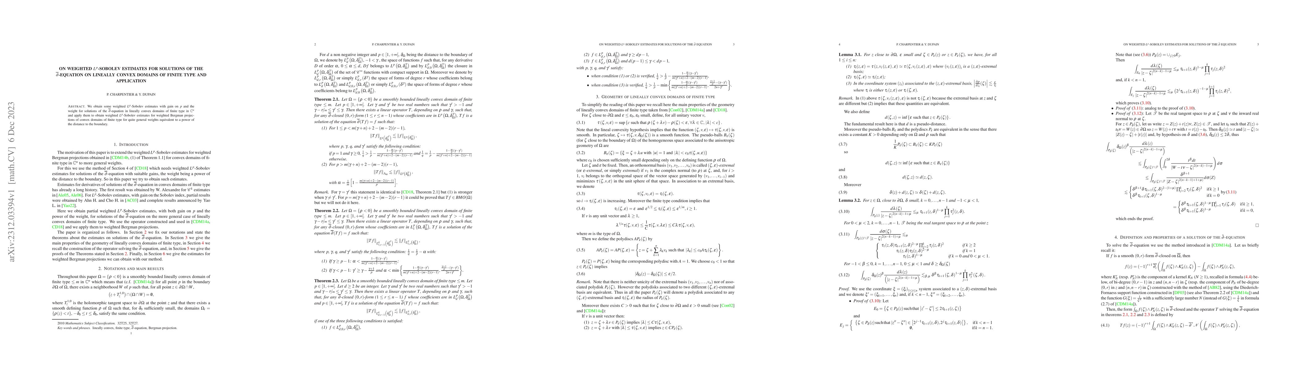 Thumbnail for On Weighted $L^{p}$-Sobolev Estimates for Solutions of the
  $\overline{\partial}$-equation on Lineally Convex Domains of Finite Type and
  Application
