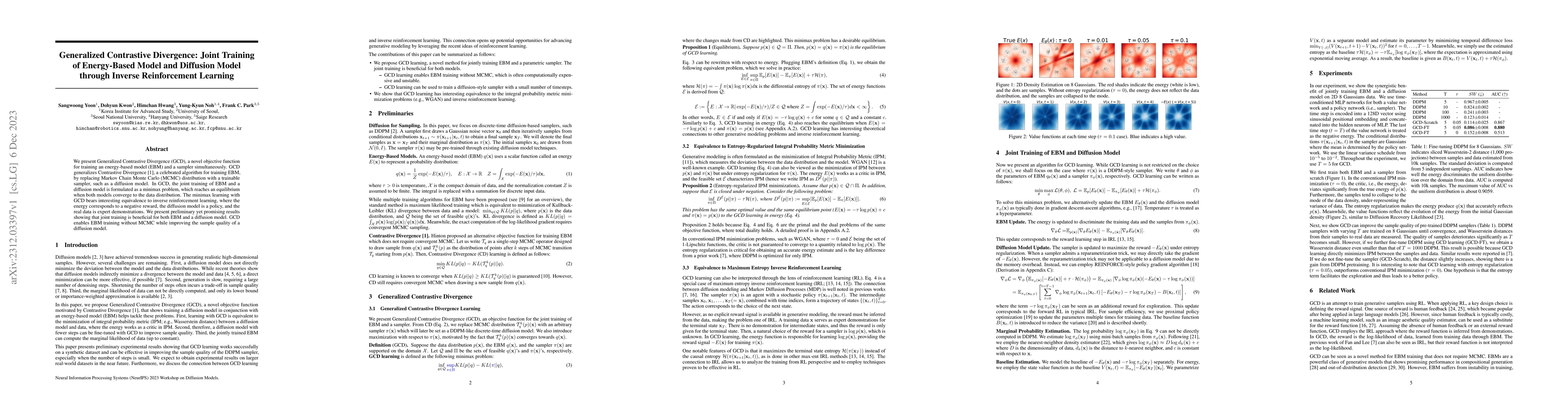 Thumbnail for Generalized Contrastive Divergence: Joint Training of Energy-Based Model
  and Diffusion Model through Inverse Reinforcement Learning