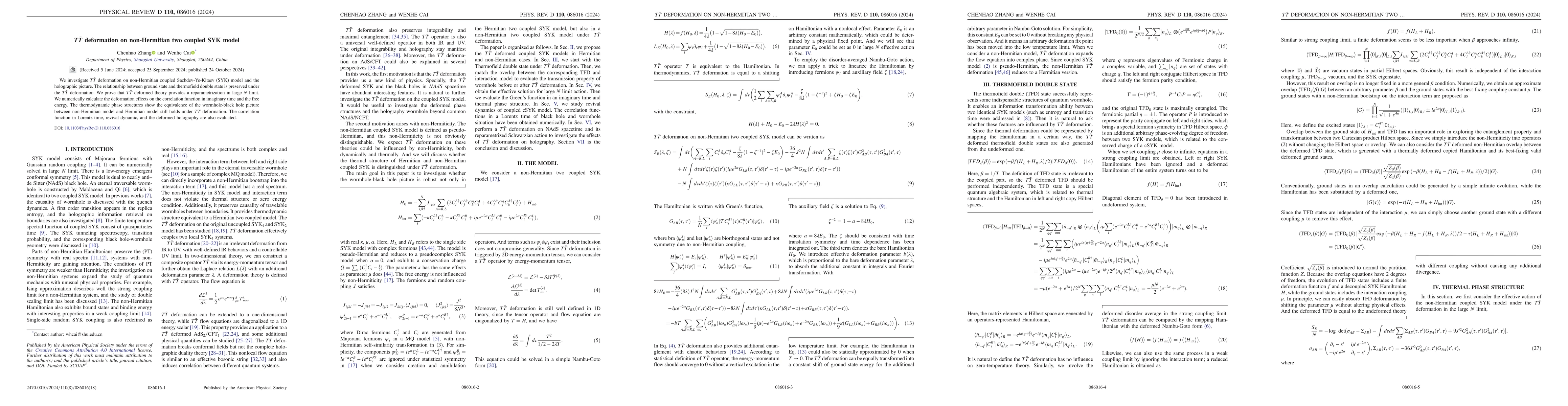 Thumbnail for $T\bar{T}$ deformation on non-Hermitian two coupled SYK model