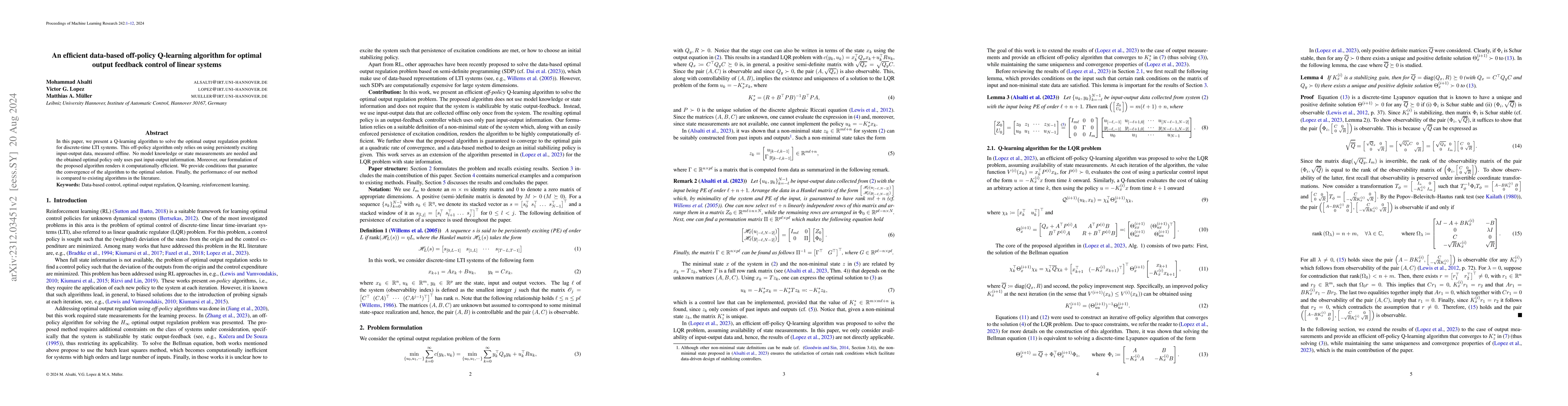 Thumbnail for An efficient data-based off-policy Q-learning algorithm for optimal
  output feedback control of linear systems