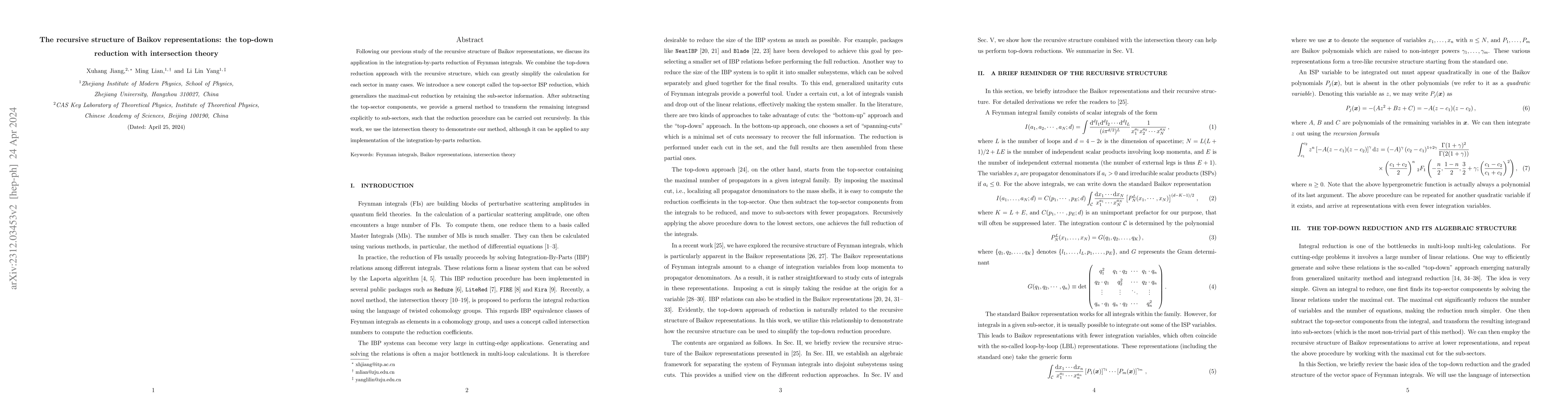 Thumbnail for The recursive structure of Baikov representations II: the top-down
  reduction with intersection theory