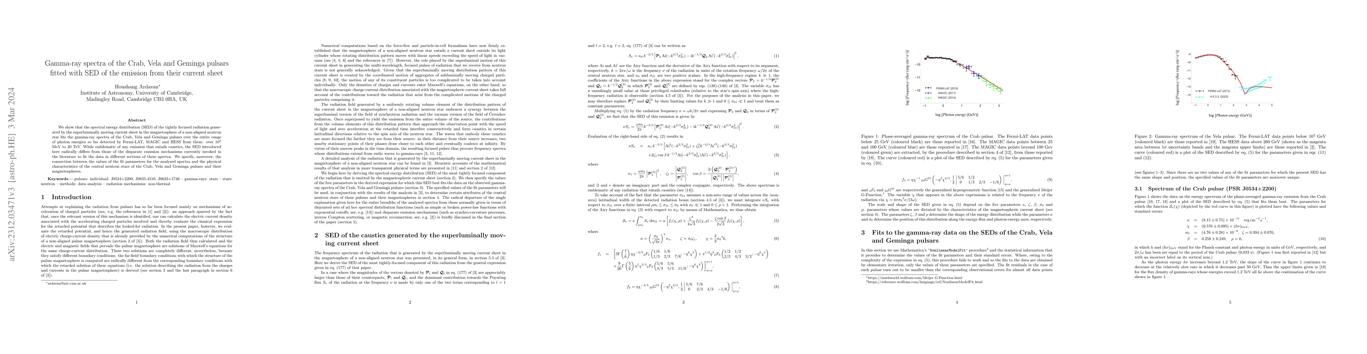 Thumbnail for Gamma-ray spectra of the Crab, Vela and Geminga pulsars fitted with SED
  of the emission from their current sheet