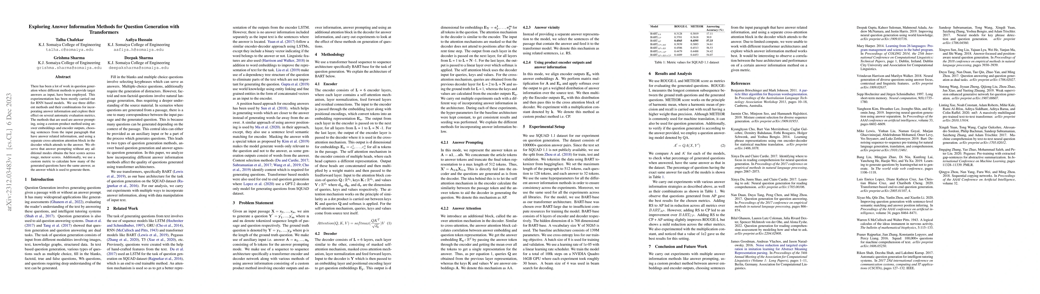 Thumbnail for Exploring Answer Information Methods for Question Generation with
  Transformers