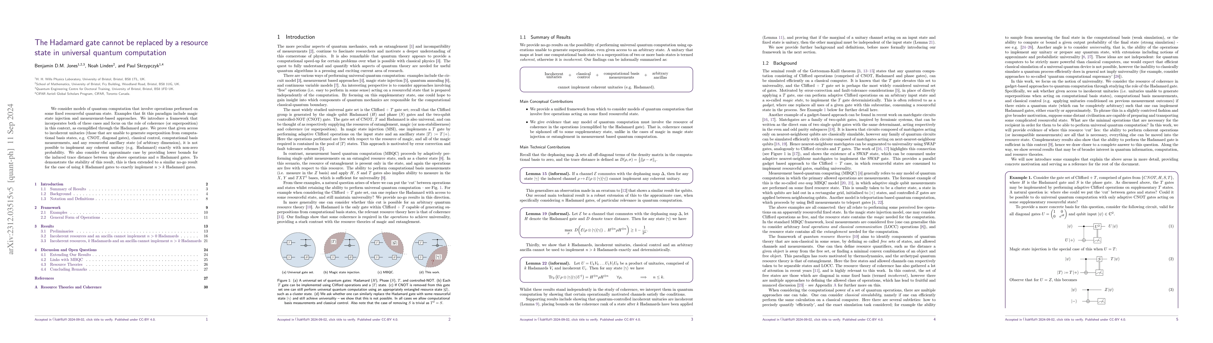 Thumbnail for The Hadamard gate cannot be replaced by a resource state in universal
  quantum computation