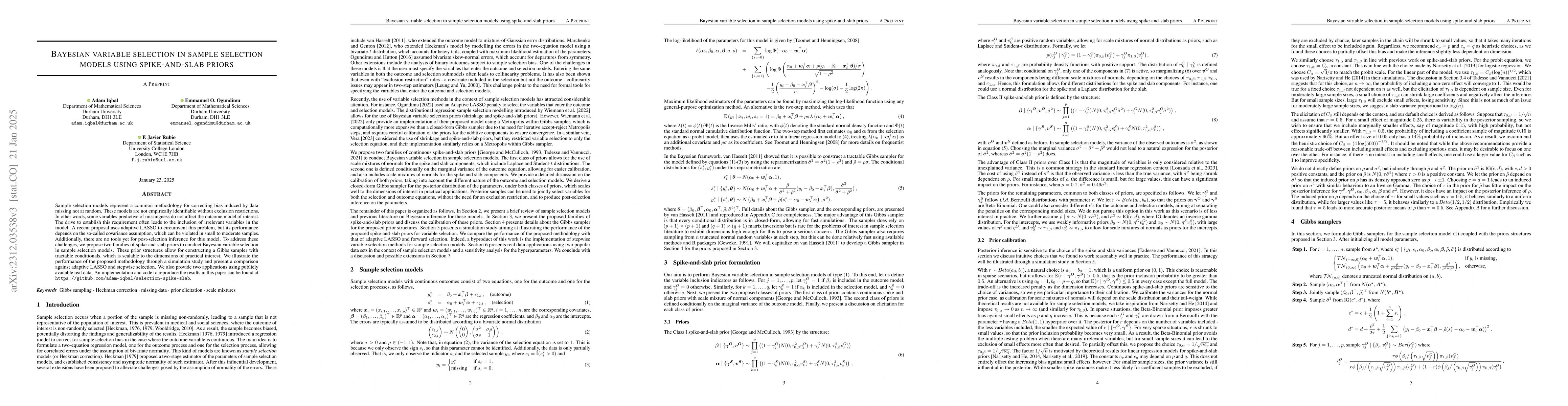 Thumbnail for Bayesian variable selection in sample selection models using
  spike-and-slab priors