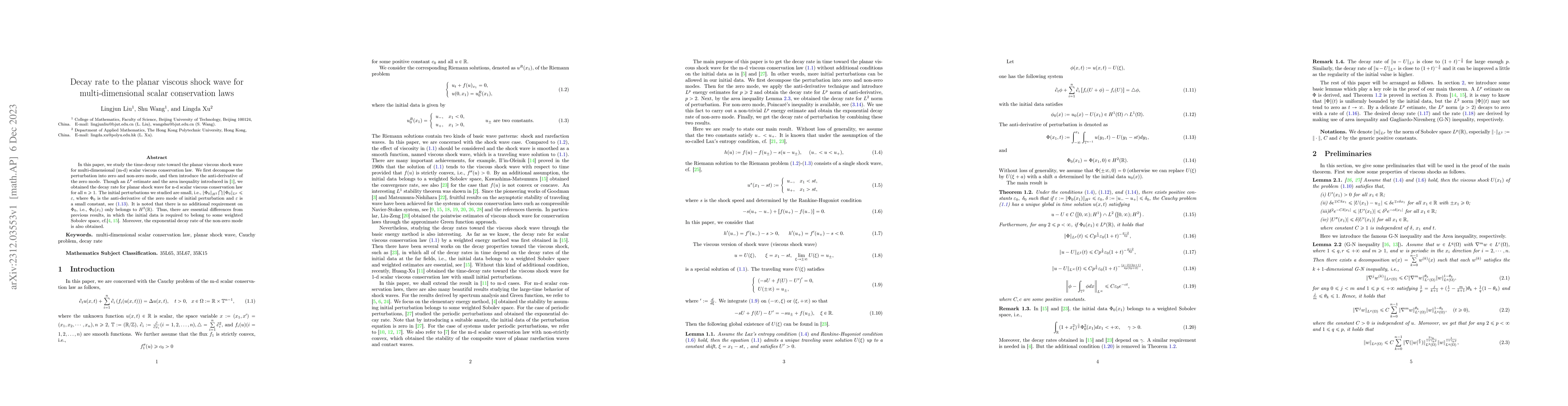Thumbnail for Decay rate to the planar viscous shock wave for multi-dimensional scalar
  conservation laws
