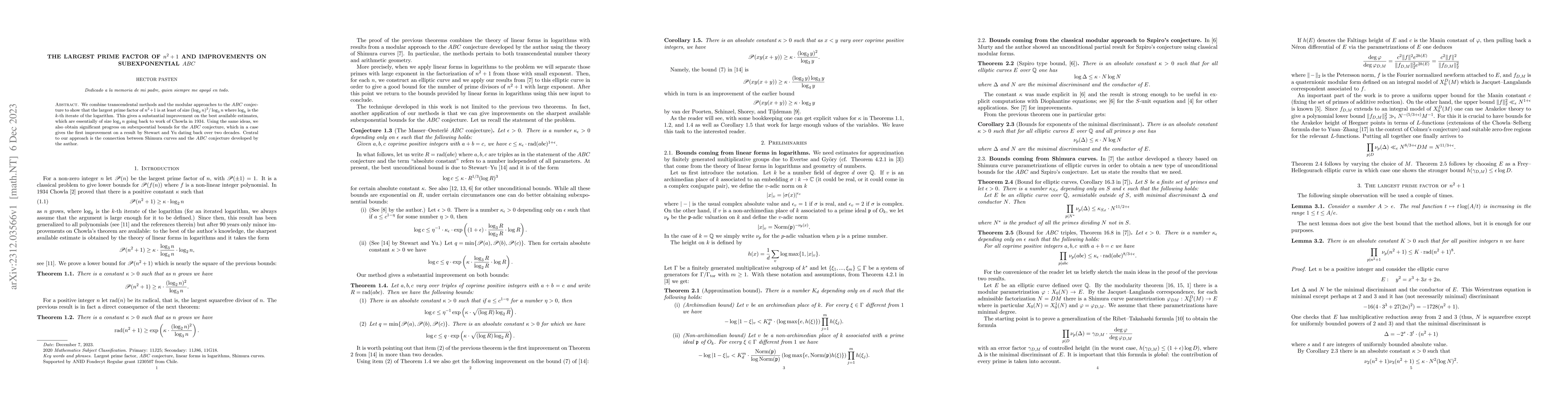 Thumbnail for The largest prime factor of $n^2+1$ and improvements on subexponential
  $ABC$
