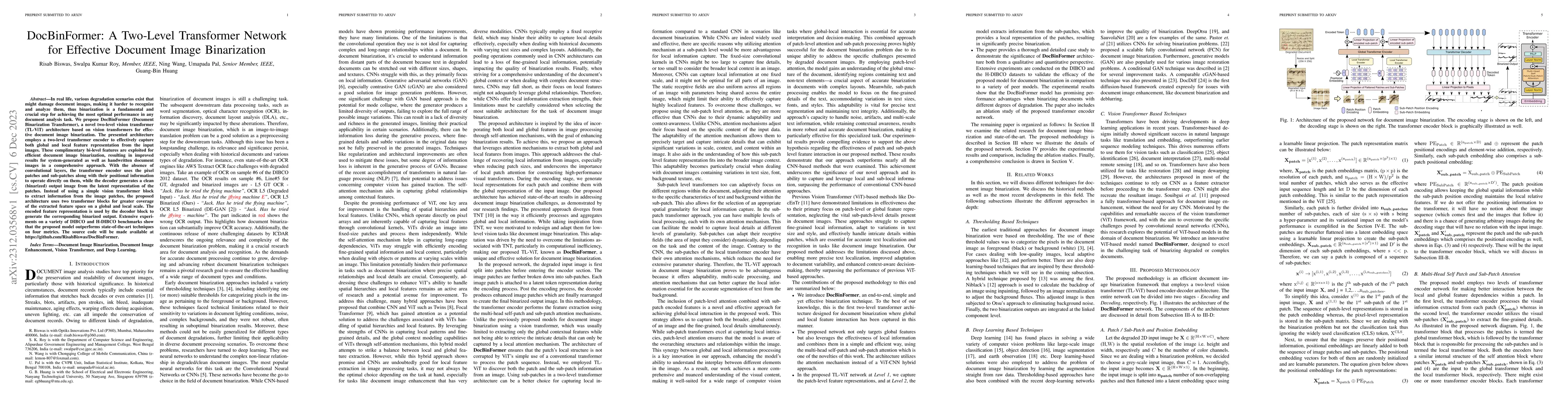 Thumbnail for DocBinFormer: A Two-Level Transformer Network for Effective Document
  Image Binarization