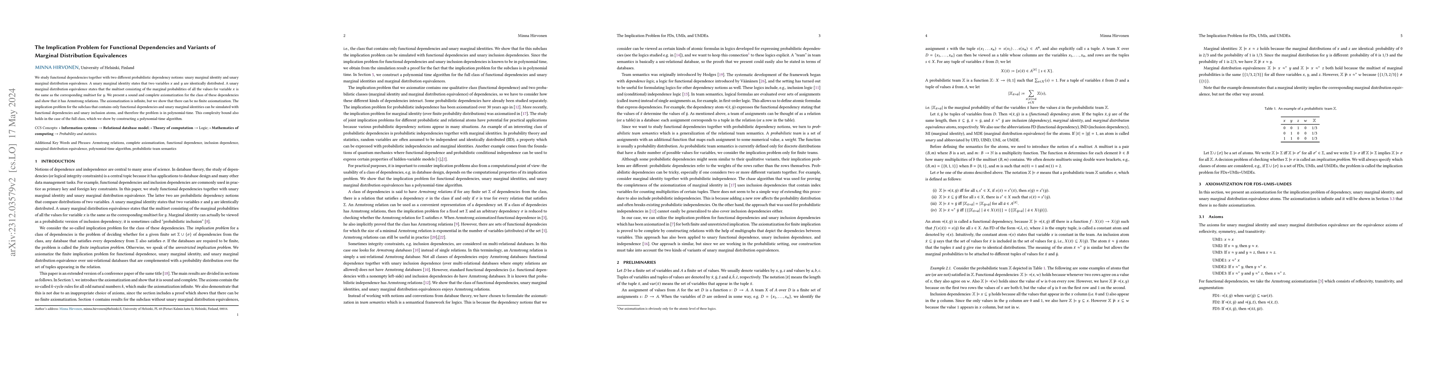 Thumbnail for The Implication Problem for Functional Dependencies and Variants of
  Marginal Distribution Equivalences