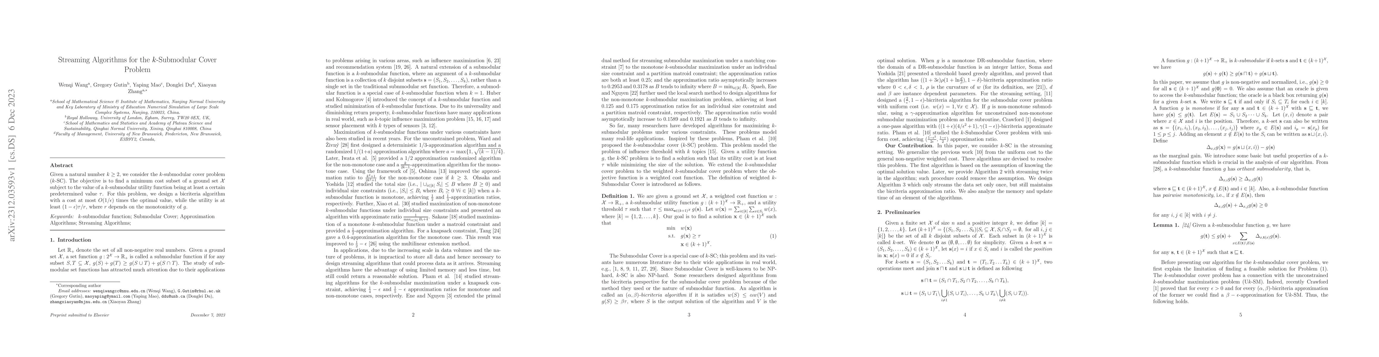 Thumbnail for Streaming Algorithms for the $k$-Submodular Cover Problem