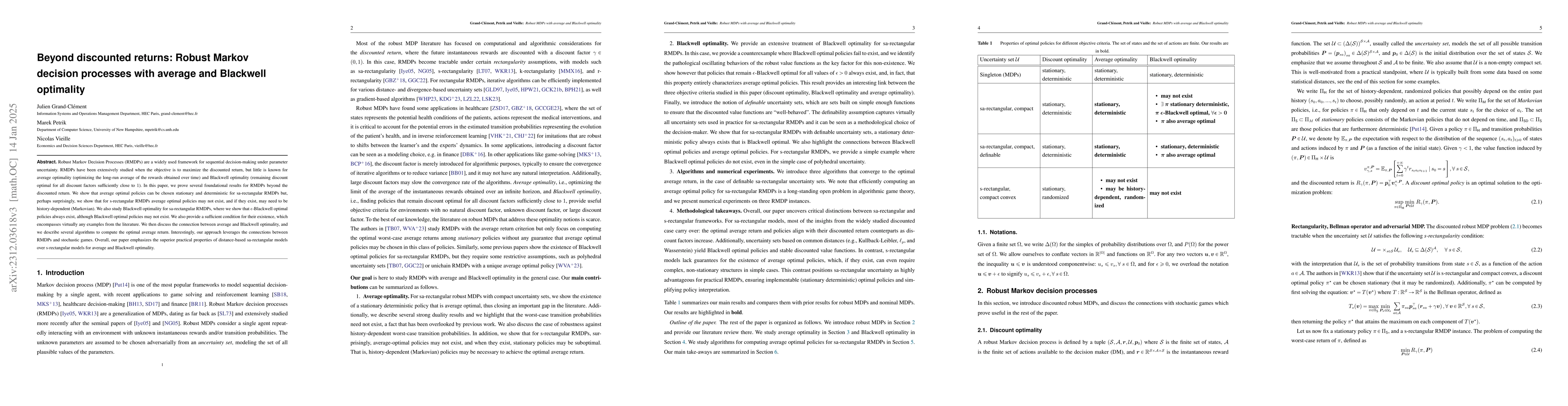 Thumbnail for Beyond discounted returns: Robust Markov decision processes with average
  and Blackwell optimality