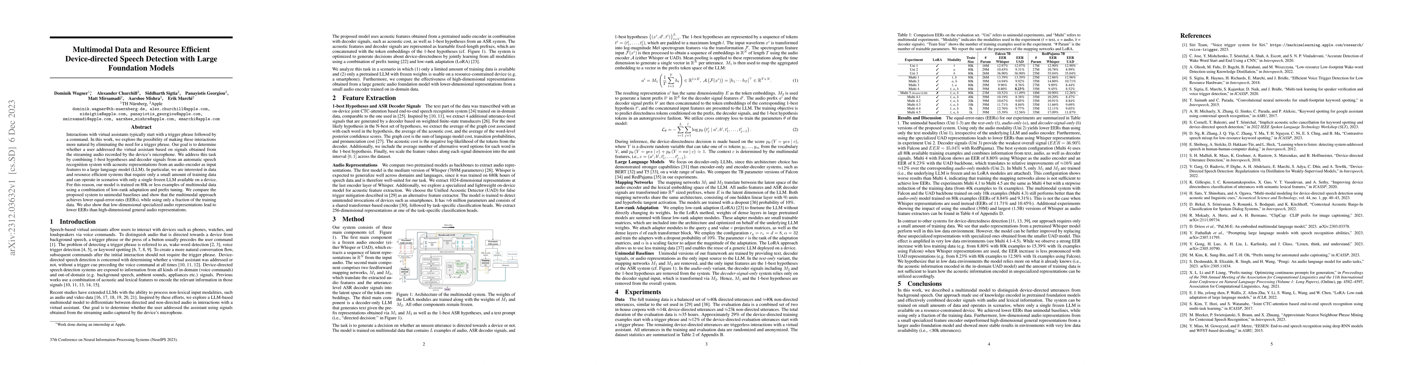 Thumbnail for Multimodal Data and Resource Efficient Device-Directed Speech Detection
  with Large Foundation Models