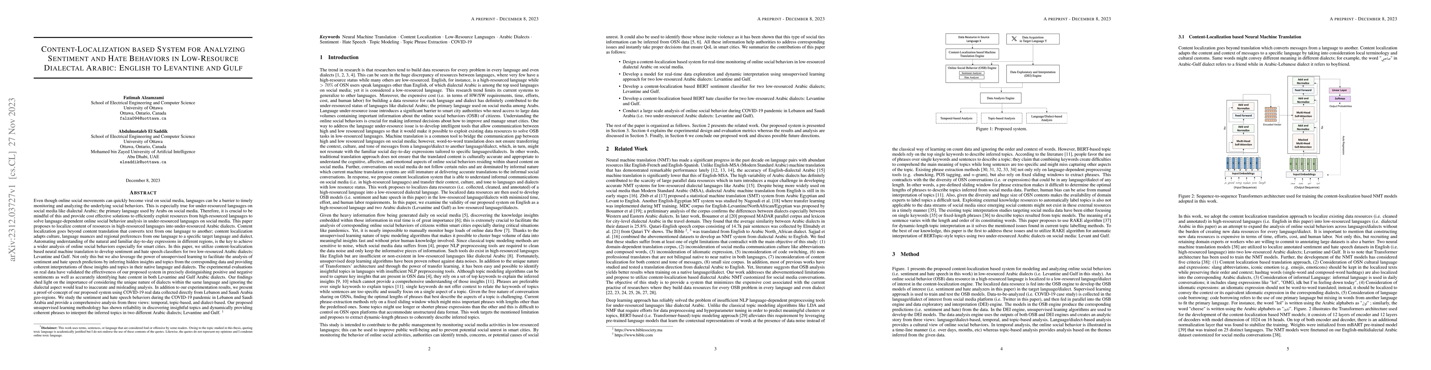 Thumbnail for Content-Localization based System for Analyzing Sentiment and Hate
  Behaviors in Low-Resource Dialectal Arabic: English to Levantine and Gulf