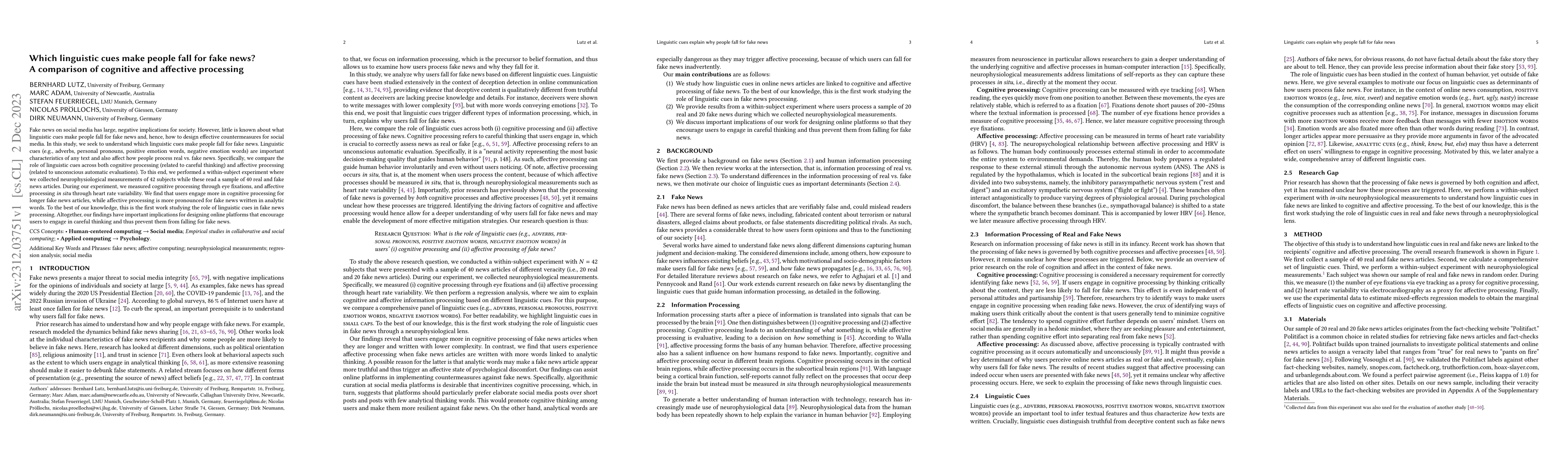 Thumbnail for Which linguistic cues make people fall for fake news? A comparison of
  cognitive and affective processing