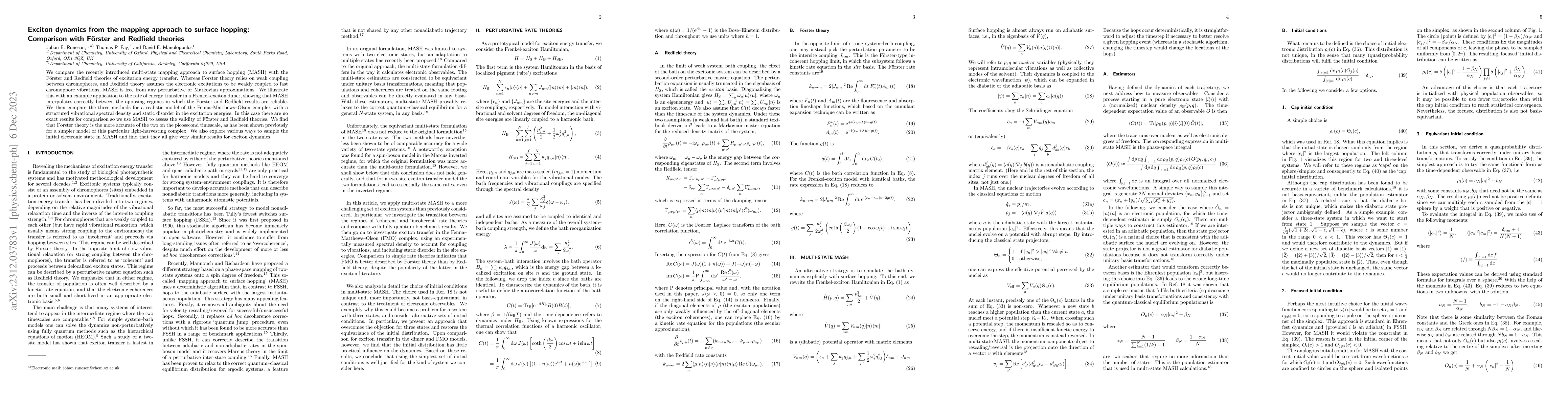 Thumbnail for Exciton dynamics from the mapping approach to surface hopping:
  Comparison with F\"orster and Redfield theories