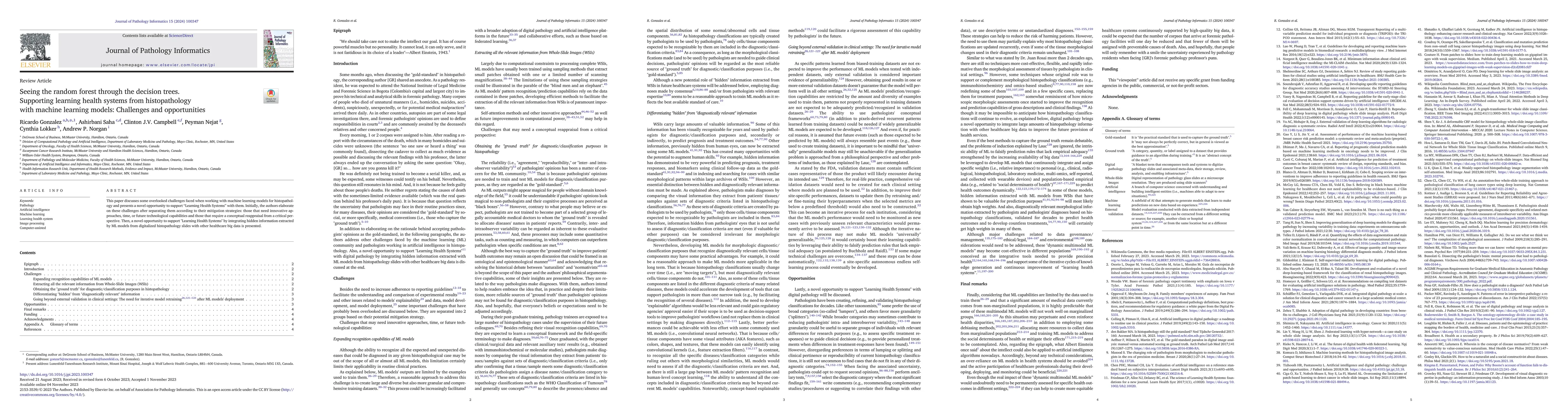 Thumbnail for Seeing the random forest through the decision trees. Supporting learning
  health systems from histopathology with machine learning models: Challenges
  and opportunities