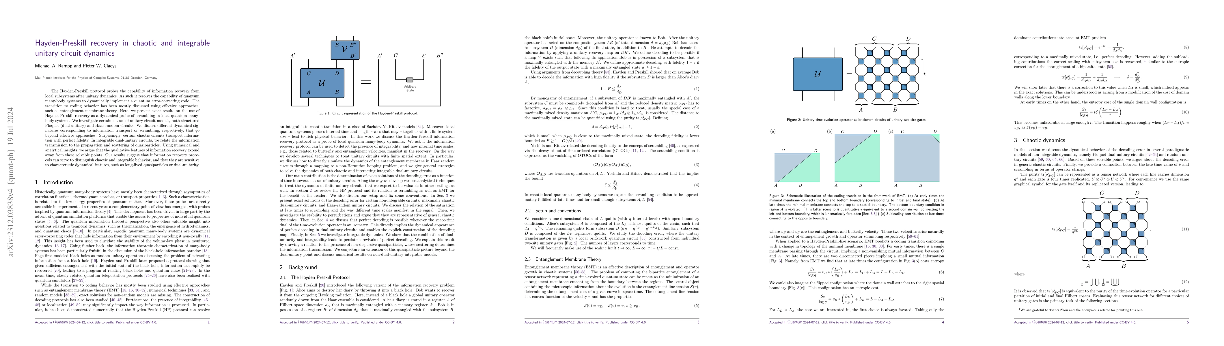 Thumbnail for Hayden-Preskill recovery in chaotic and integrable unitary circuit
  dynamics