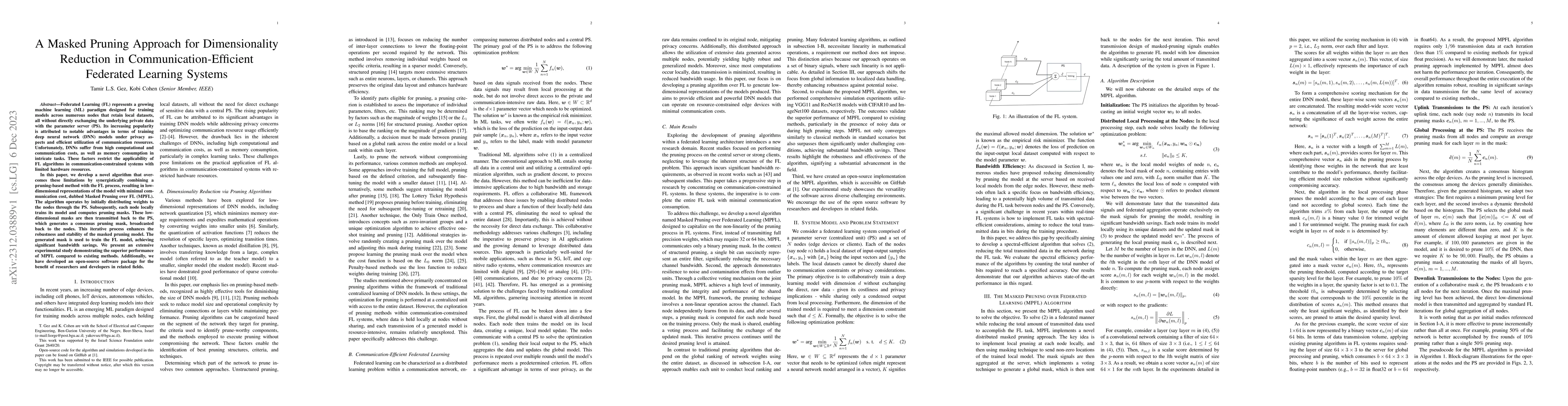 Thumbnail for A Masked Pruning Approach for Dimensionality Reduction in
  Communication-Efficient Federated Learning Systems