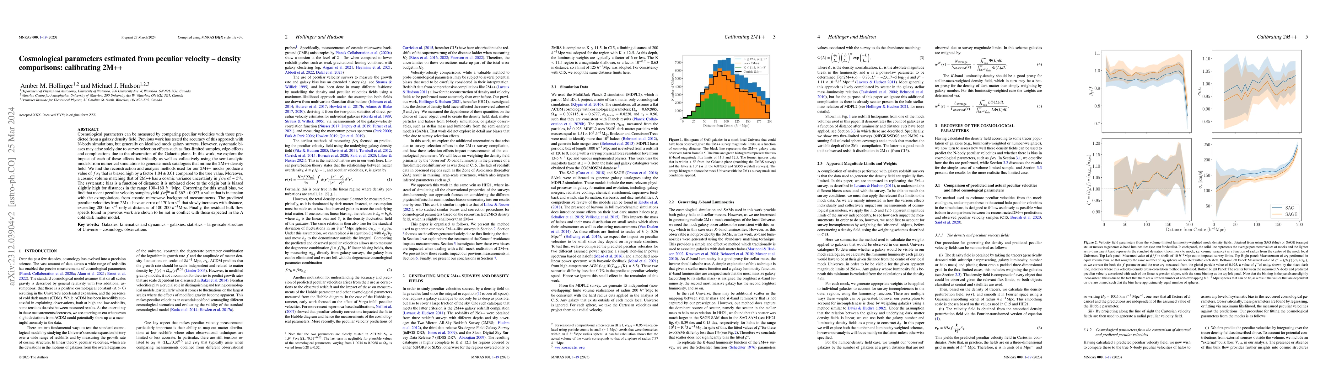 Thumbnail for Cosmological parameters estimated from velocity -- density comparisons:
  Calibrating 2M++