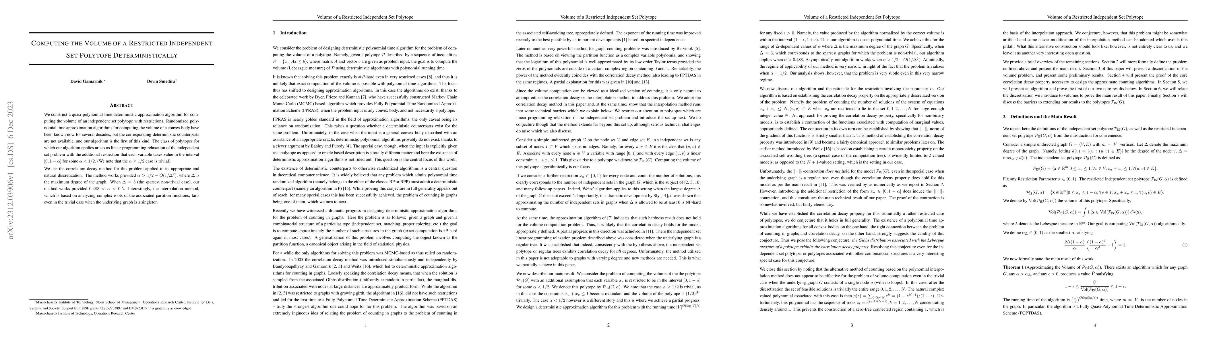 Thumbnail for Computing the Volume of a Restricted Independent Set Polytope
  Deterministically