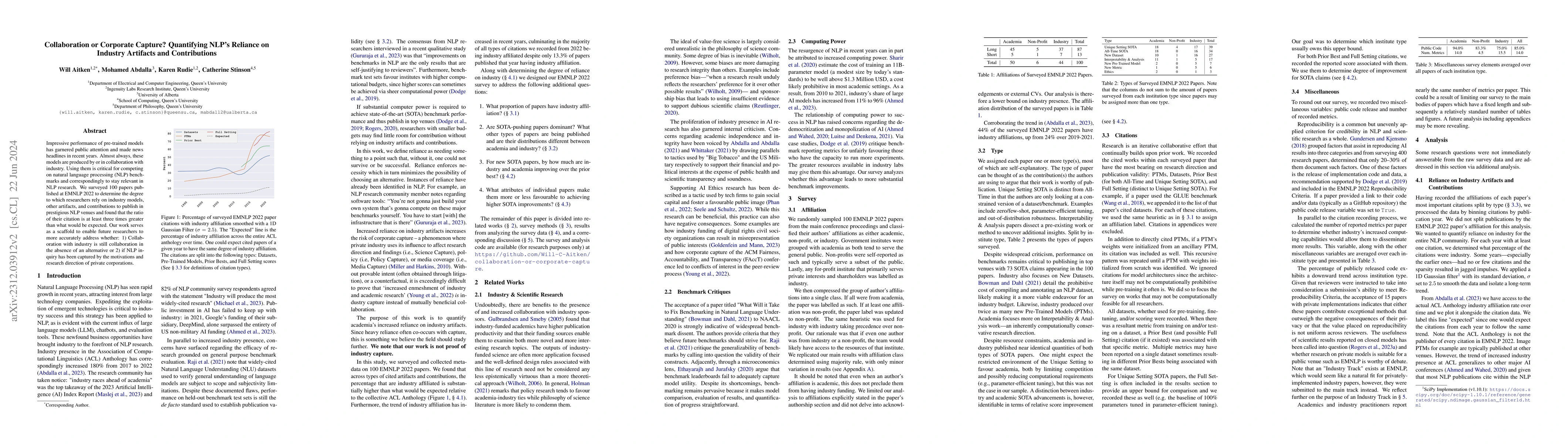 Thumbnail for Collaboration or Corporate Capture? Quantifying NLP's Reliance on
  Industry Artifacts and Contributions