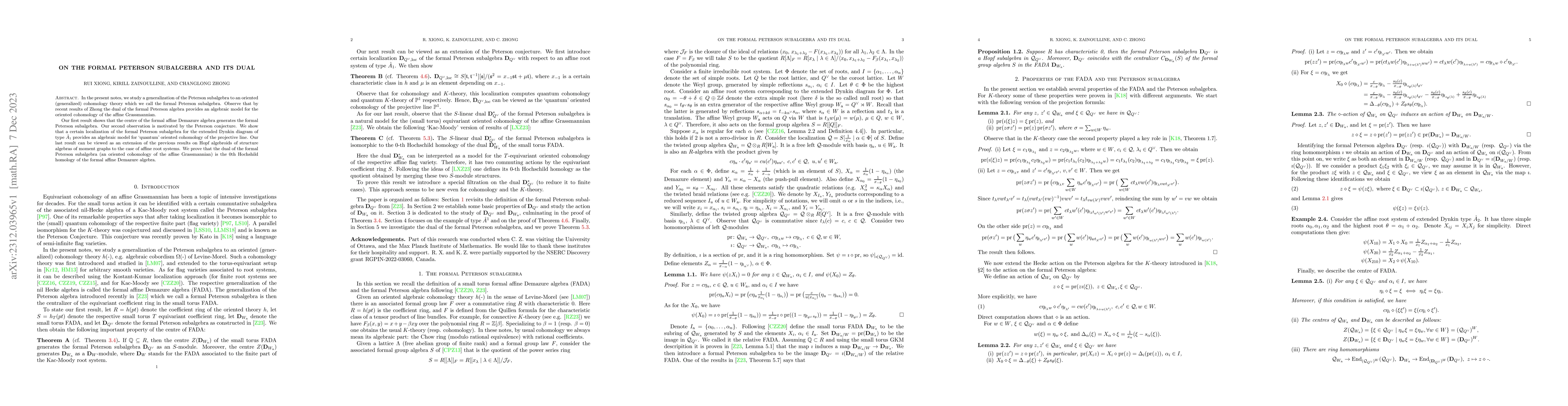 Thumbnail for On the formal Peterson subalgebra and its dual