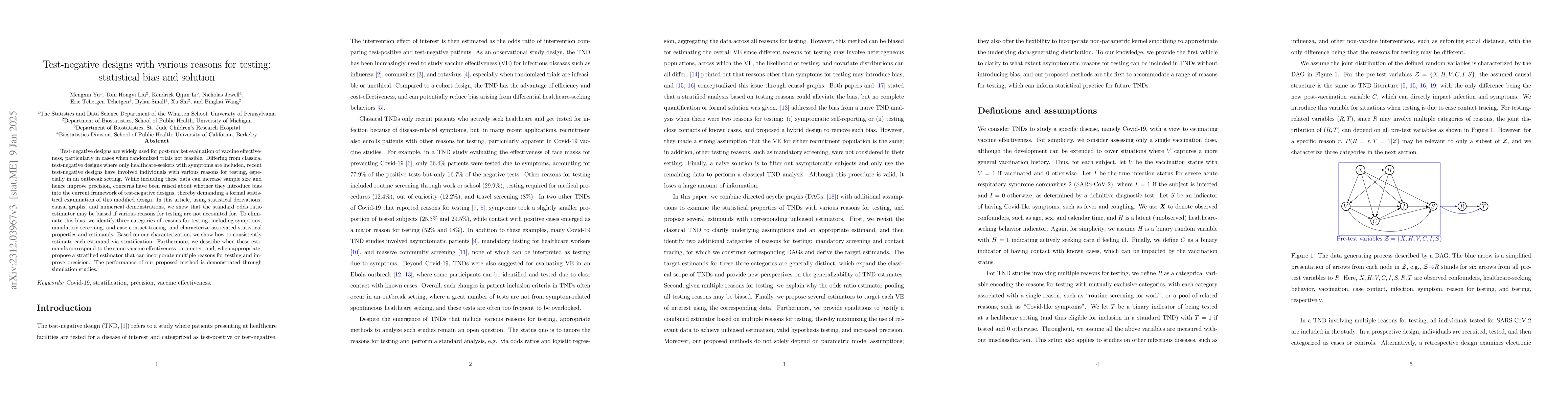 Thumbnail for Test-negative designs with various reasons for testing: statistical bias
  and solution